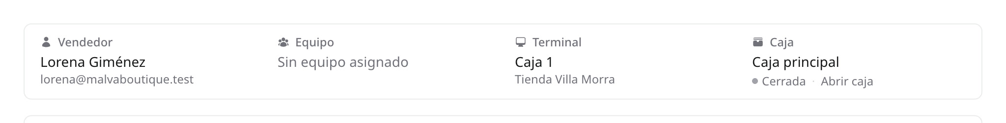 El recuadro del punto de venta con la Caja principal cerrada y el enlace Abrir caja
