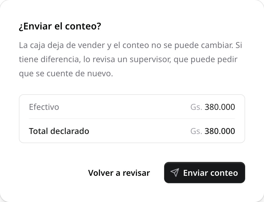 La confirmación «¿Enviar el conteo?» con el efectivo y el total declarado