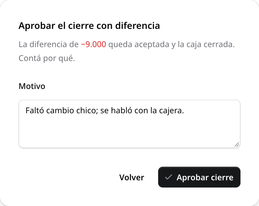 El diálogo para aprobar el cierre con diferencia, con el motivo escrito