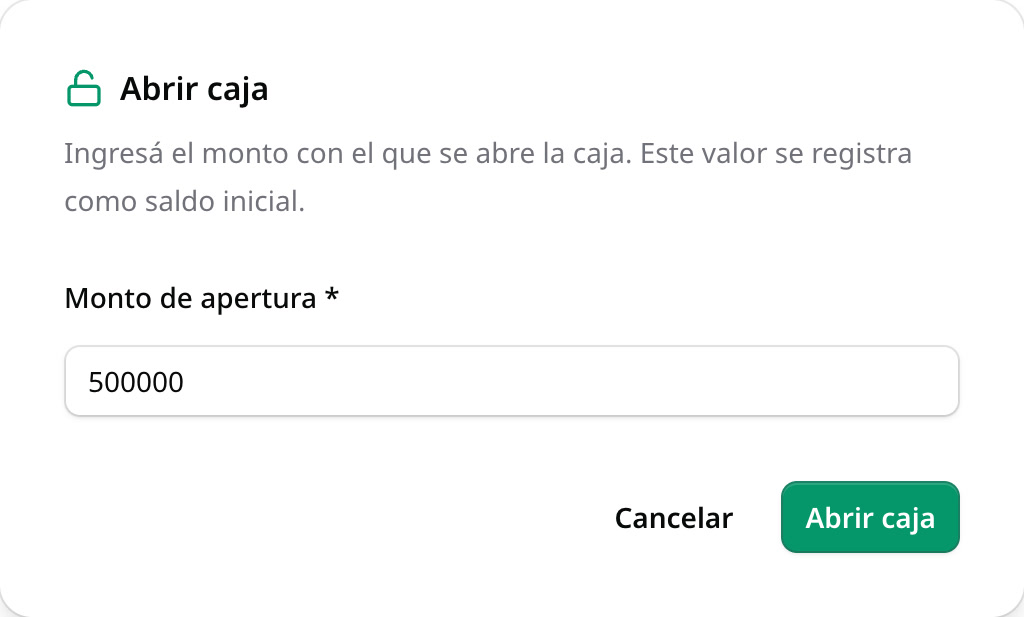 El diálogo Abrir caja con 500.000 como monto de apertura