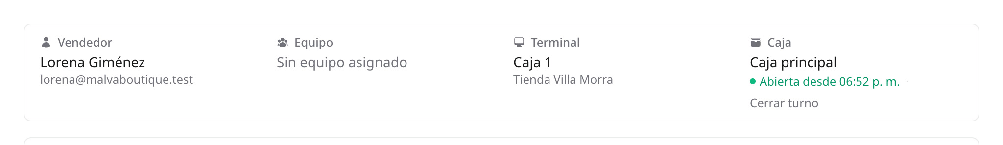 La Caja principal abierta desde las 06:52 p. m., con el enlace Cerrar turno