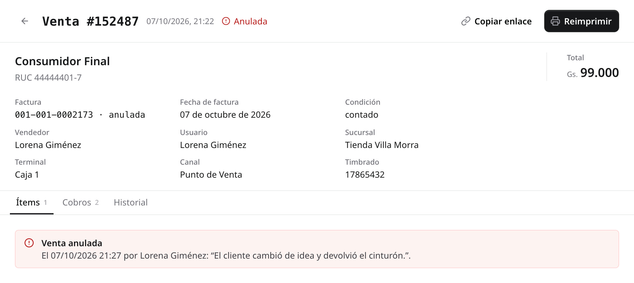 La venta #152487 anulada, con la factura 001-001-0002173 anulada y el motivo
