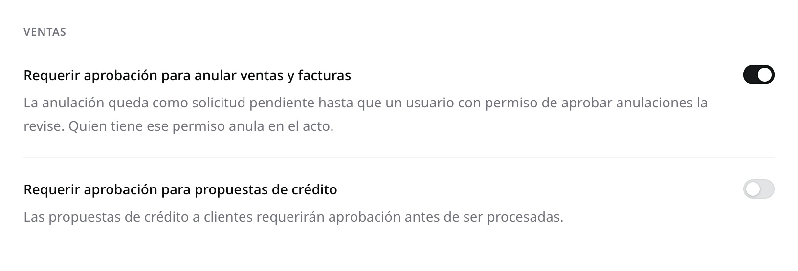 La opción «Requerir aprobación para anular ventas y facturas» activada