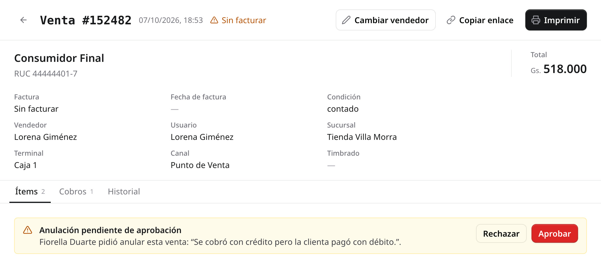 La venta #152482 con la anulación pendiente y los botones Rechazar y Aprobar