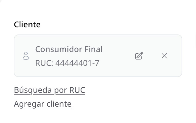 La tarjeta del cliente con Consumidor Final y los enlaces Búsqueda por RUC y Agregar cliente