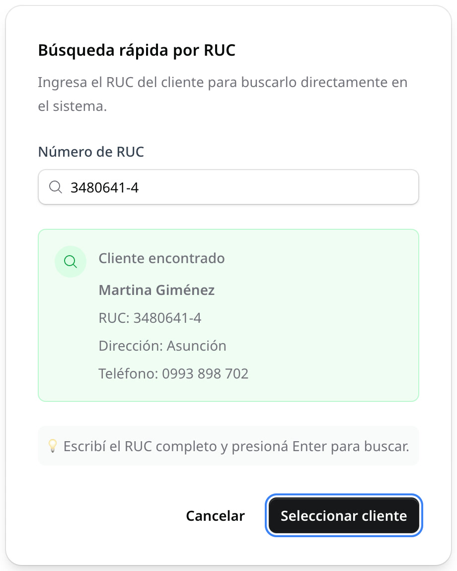 La búsqueda por RUC con el cliente encontrado: Martina Giménez, RUC 3480641-4