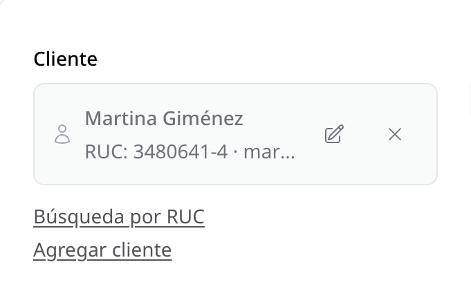 La tarjeta del cliente con Martina Giménez y su RUC
