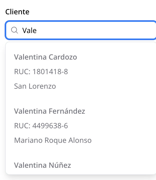 El buscador de clientes con «Vale» escrito y tres clientes que coinciden