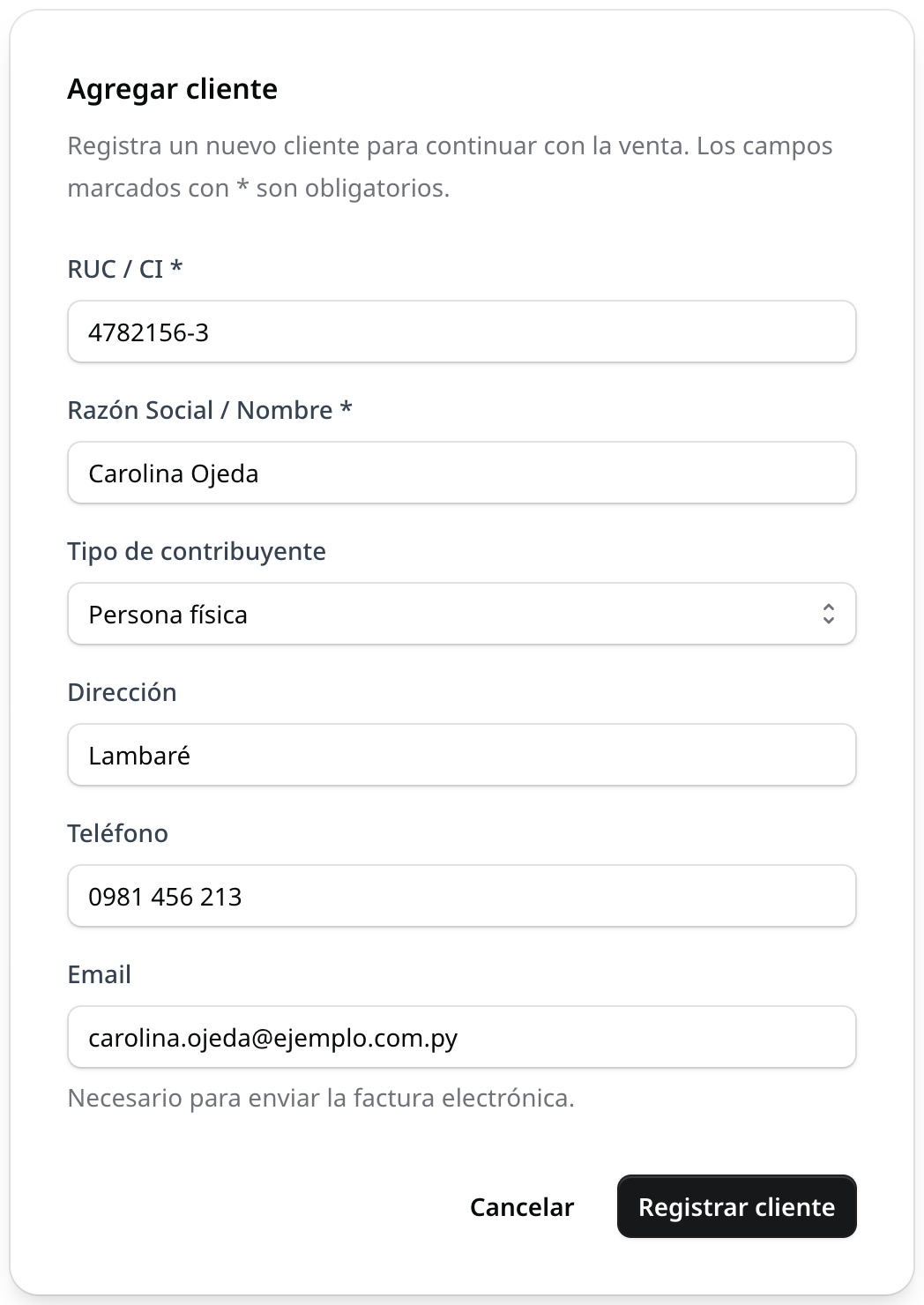El formulario Agregar cliente completo: RUC 4782156-3, Carolina Ojeda, persona física, dirección, teléfono y email