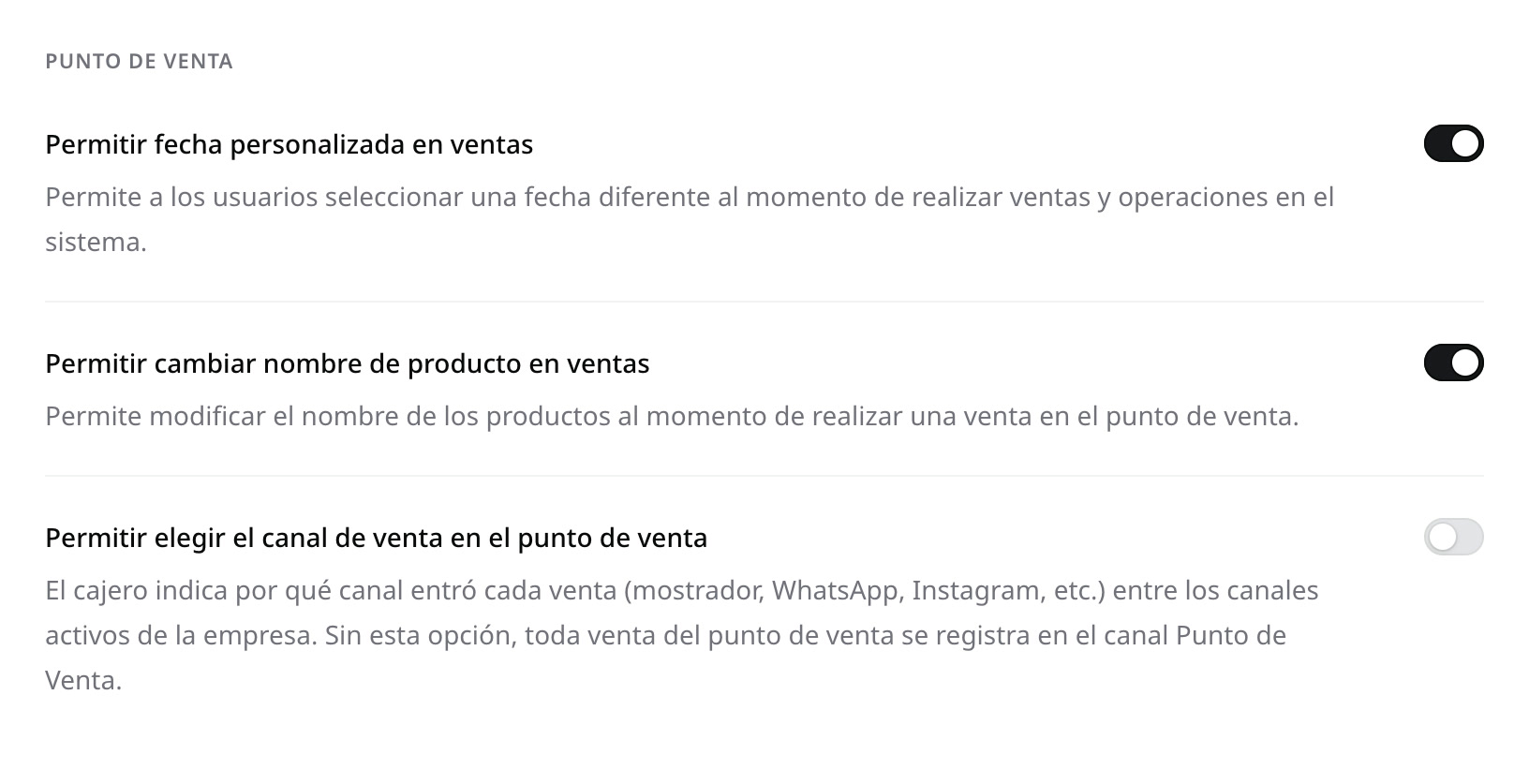 La opción «Permitir fecha personalizada en ventas» activada en Configuraciones del sistema