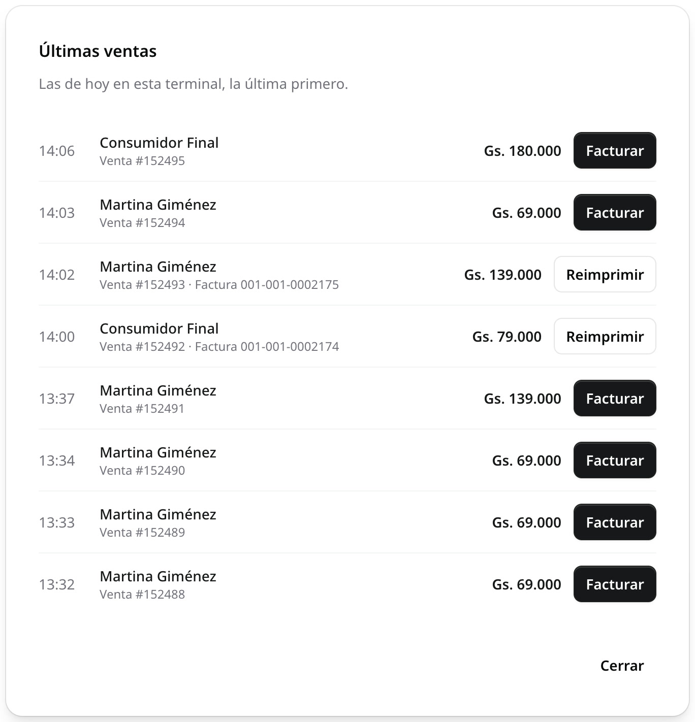 Últimas ventas: la lista de ventas del día con los botones Reimprimir y Facturar
