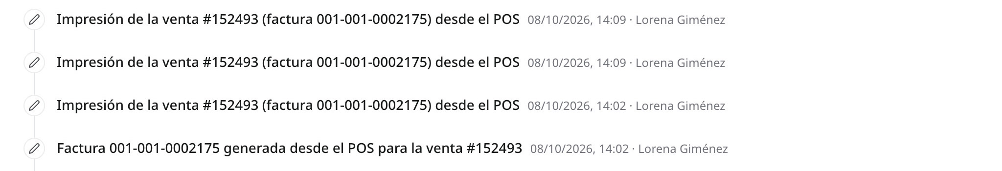 El historial de la venta #152493 con tres impresiones y la factura generada