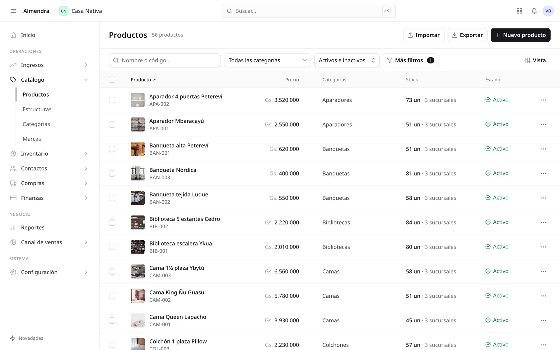 Lista de productos con precio y stock por sucursal