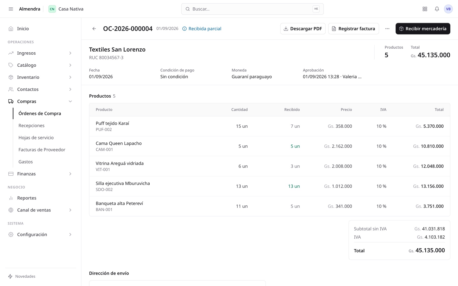 Orden de compra con lo pedido y lo recibido de cada producto